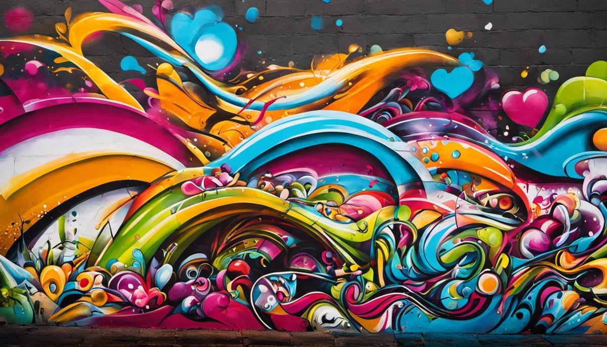 Imagen de graffiti en una pared urbana que muestra una explosión de colores y formas abstractas, representando la diversidad y creatividad del arte urbano.